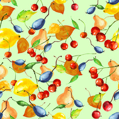 pattern citrus, 
plum, berries, autumn leaves watercolor 