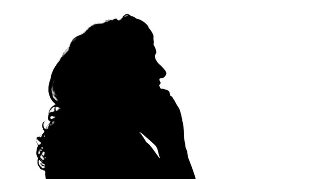 The woman who phone on a white background.