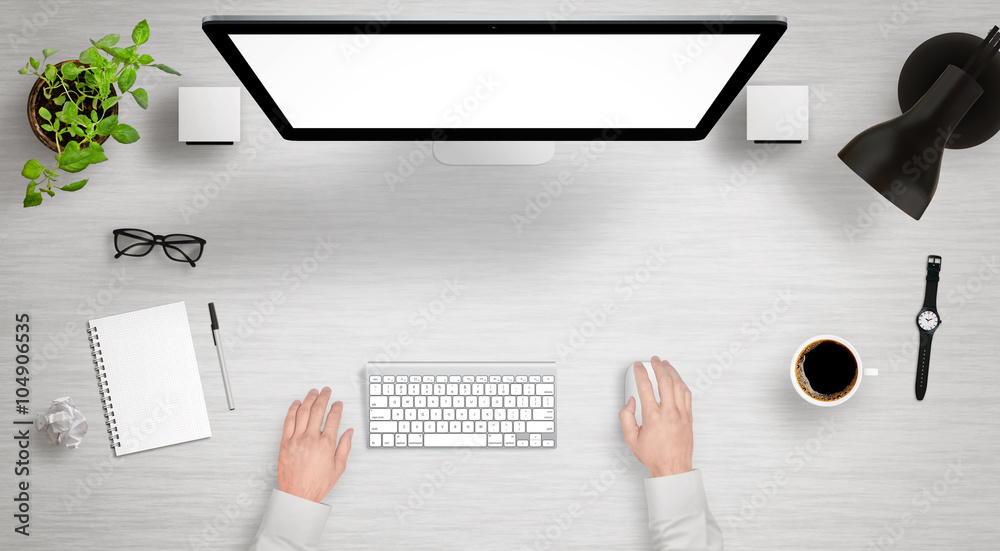 Poster Modern desk with isolated computer display top view. Designer works with a mouse and keyboard. Coffee, lamp, paper, glasses, plant, watch on table.