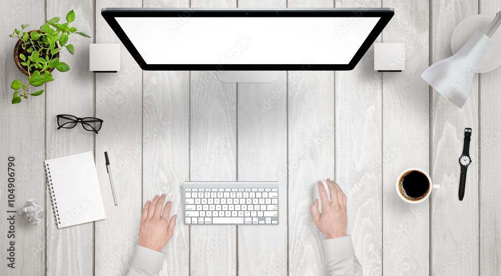 Aufkleber Modern desk with isolated computer display top view. Designer works with a mouse and keyboard. Coffee, lamp, paper, glasses, plant, watch on table.