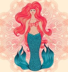 Mermaid with beautiful hair over ornate mandala. Tattoo art. Banner, invitation,card, scrap booking, t-shirt, bag, postcard, poster. Vintage highly detailed colorful hand drawn vector illustration