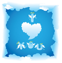 Postcard for Valentine`s Day with funny angels letters and cloud