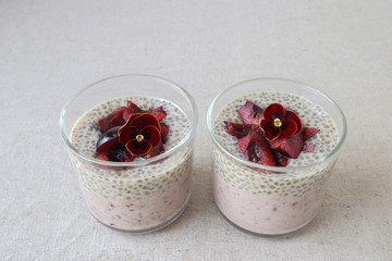 Chia seeds pudding with cherry, selective focus