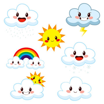 Collection of cute cartoon weather elements showing different meteorology concepts