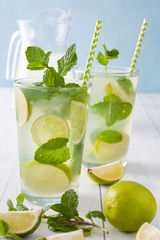 Summer drink. Fresh mojito with lime and mint. Blue background
