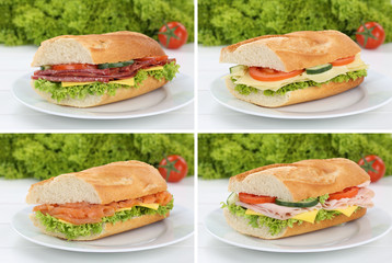 Collage von Baguettes zum Frühstück auf Teller belegt mit Sala