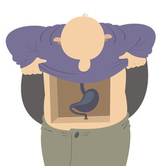 Digestion system. Funny man looks inside his stomach 
