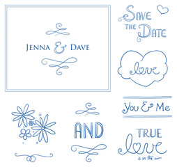 Set of romantic love ornaments for valentine, engagement, wedding invitation, save the date card. With flowers, hearts, swifts, lines, typographic elements. Hand drawn vector illustration