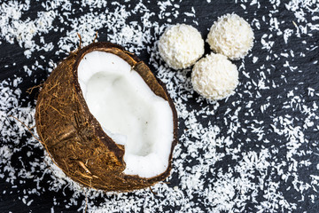 Fresh coconut and coconut candies.