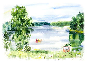 Lake. Valday. Russian landscape background. Watercolor hand drawing illustration. - 104913144