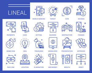 Line vector icons in a modern style. Business and finance, mobile payments, e-currency, speculation, mobile banking.