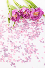 Violet tulips with small sugar hearts on white