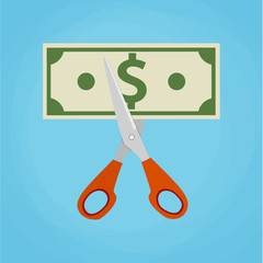 Scissors cutting money bill. 