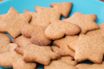 Tasty homemade ginger cookies on a blue plate