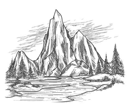 Mountain lake with pine trees