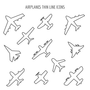 Airplanes thin line icons