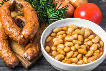 Baked beans with sausage in tomato sauce