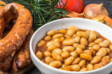 Baked beans with sausage in tomato sauce