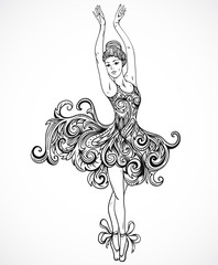 Ballerina with floral ornament dress. Vintage black and white hand drawn vector illustration in sketch style