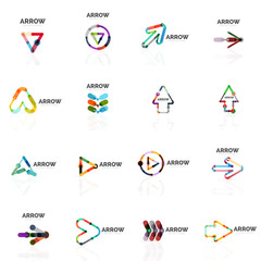 Set of linear arrow abstract logos, connected multicolored segments lines in directional pointer figures