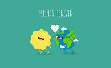 Obraz premium Funny planet earth gives your love the sun. Use for card, poster, banner, web design and print on t-shirt. Easy to edit. Vector illustration.