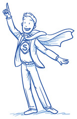 Business man smiling happy in super hero outfit. Hand drawn vector cartoon doodle illustration