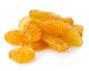 Yellow sultanas raisins close-up isolated on a white background.