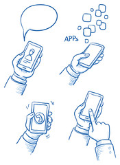 Set of hands with mobile phone. Hand drawn vector cartoon doodle illustration
