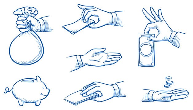Set of hands holding money, take or give coins and notes. Hand drawn vector cartoon doodle illustration