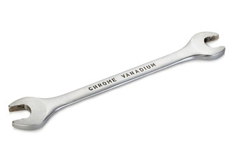 Metal wrench close-up isolated on a white background.