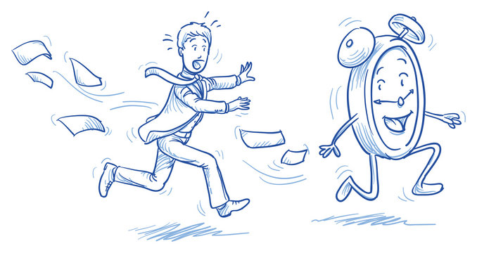 Running out of time - stressed business man chasing a clock. Hand drawn vector cartoon doodle illustration