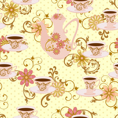 Seamless pattern with teapot, tea cups and flowers.