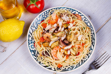 Seafood and Tomato Spaghetti. View from above, top studio shot