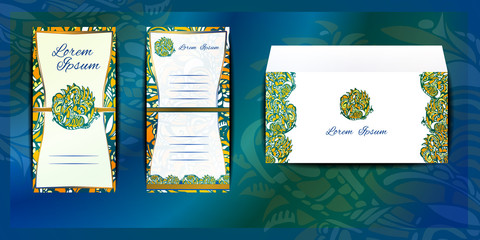 Envelope and Invitation for Corporate identity or wedding with floral pattern. Vector Mockup Flyer and Envelope - business design template. Front page and back page. Aquamarine, Luxury Emerald Color
