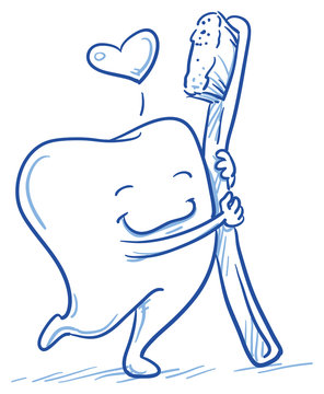 Cute cartoon tooth in love hugging his toothbrush. Hand drawn line art cartoon vector illustration.