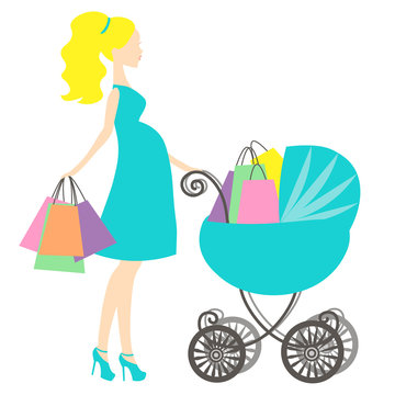 vector of modern pregnant mommy with turquoise blue vintage  baby carriage, the woman does the shopping online store, logo,silhouette, stylized symbol of mother's, sale icon on white background