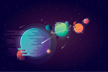 Set of unusual colorful vivid planets on universe background in modern cartoon style