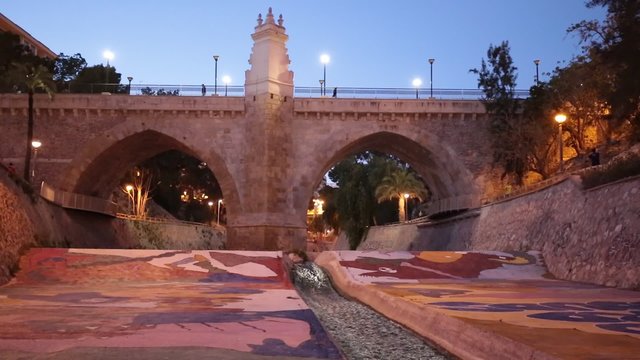 Elche, Spain. March 2, 2016: Virgin Punte dusk in the city of Elche, from the Vinalopo river.