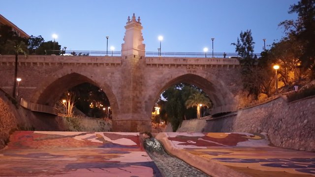 Elche, Spain. March 2, 2016: Virgin Punte dusk in the city of Elche, from the Vinalopo river.