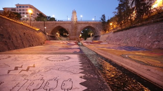 Elche, Spain. March 2, 2016: Virgin Punte dusk in the city of Elche, from the Vinalopo river.