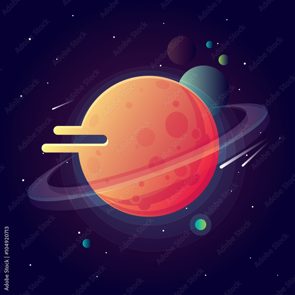 Poster universe with bright colorful planets and speeding comets. outer space vector illustration in modern