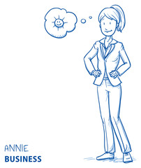Happy young woman in business clothes in good mood with sun in a thought bubble. Hand drawn line art cartoon vector illustration. © danielabarreto