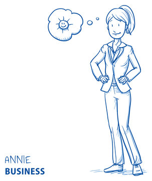 Happy young woman in business clothes in good mood with sun in a thought bubble. Hand drawn line art cartoon vector illustration.