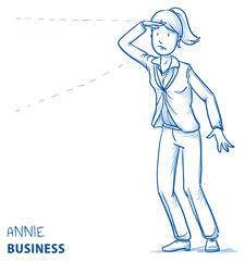 Young woman in business clothes holding a hand above her eyes, searching for something. Hand drawn line art cartoon vector illustration.