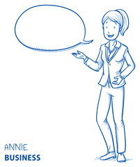 Happy young woman in business clothes talking and explaining something with speech bubble. Hand drawn line art cartoon vector illustration.
