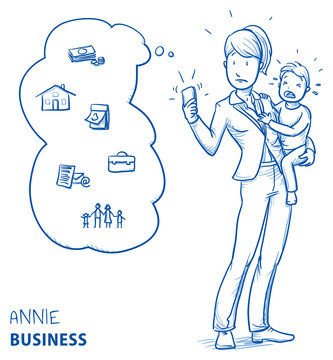 Stressed young woman in business clothes carrying a crying toddler while her phone rings. Hand drawn line art cartoon vector illustration.