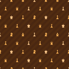 Beige chess icons on brown background, seamless pattern
