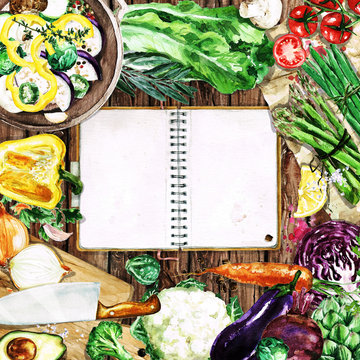 Watercolor background with space for text - Cooking Vegetables