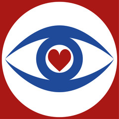 Stylized human eye in blue with a red heart shape in the pupil area