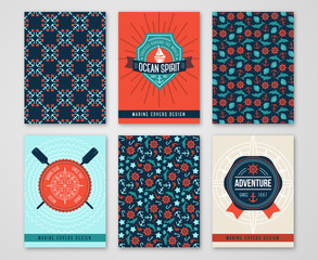 Summer Sea Cards with Patterns of Marine Symbols and Labels. 